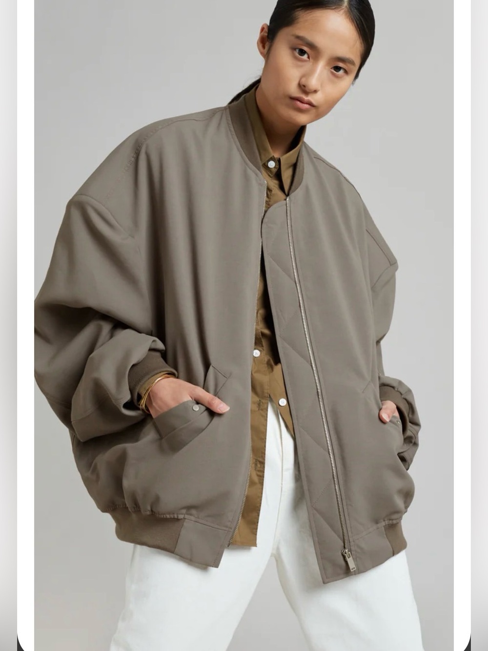 New THE FRANKIE SHOP Lumi Bomber Jacket Oversized Dark Olive OS Unisex MSRP $289